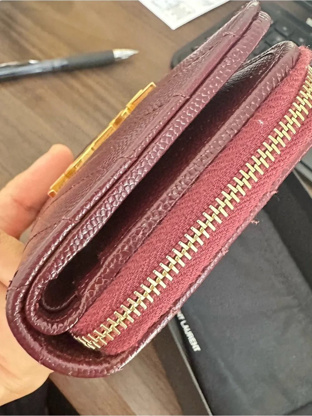 Saint Laurent Wine Red Leather Card & Key Holder with Gold YSL Emblem